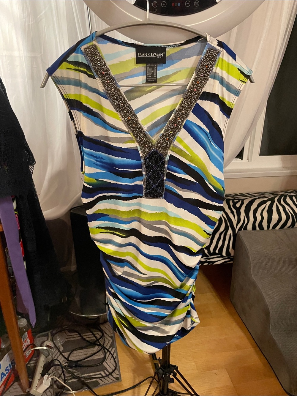 Frank Lyman Design Blue & Green Striped Embellished V-Neck Women's Top